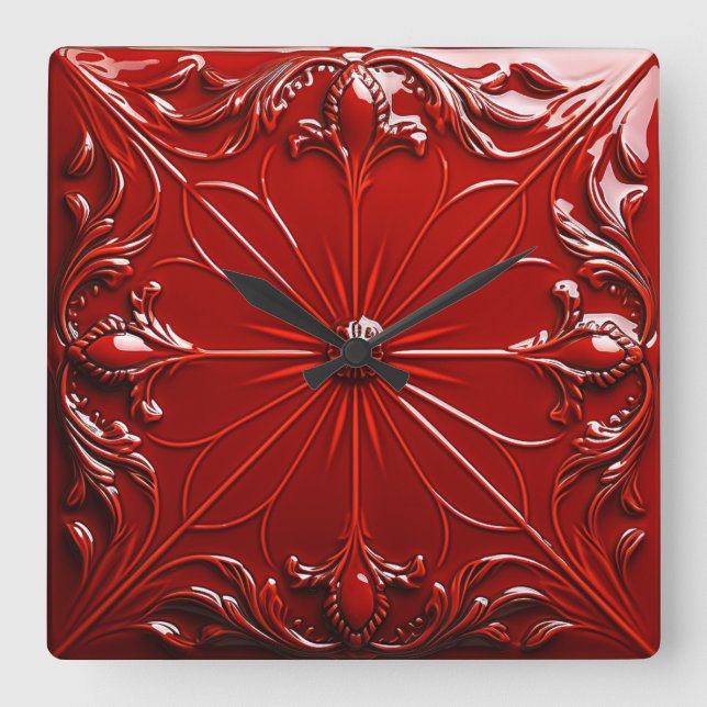 Relógio Quadrado Arte Deco Vermelho (Frente)