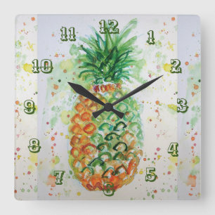 Relógio Quadrado Arte em Aquarela de Fruta Tropical Abacaxi Limão