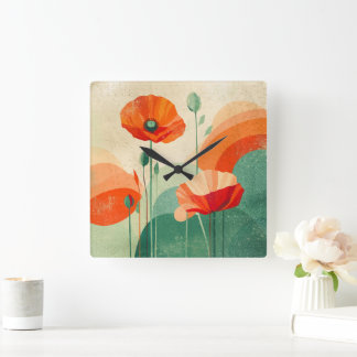 Relógio Quadrado Arte Floral Abstrata Poppy Moderna e Retrô