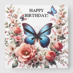 Relógio Quadrado Arte Floral de Borboleta Azul Personalizável-96279