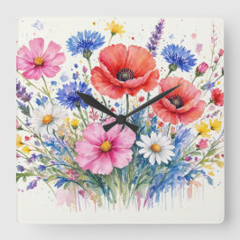 Relógio Quadrado Arte Floral de Buquê de Prado de Flores Silvestres