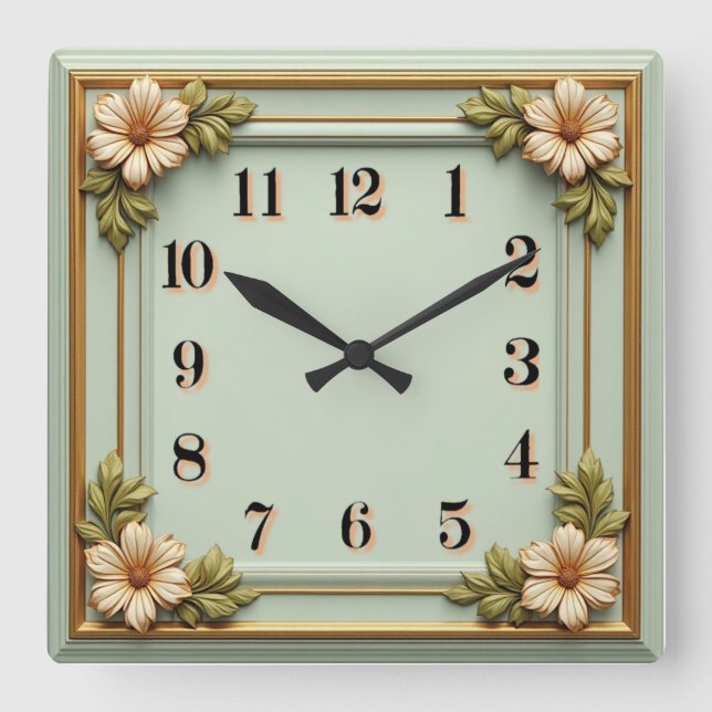 Relógio Quadrado Arte Floral Deco Menta (Frente)