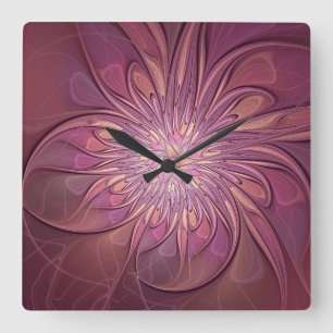 Relógio Quadrado Arte floral fractal moderna abstrata cores de frut