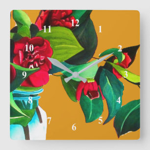 Relógio Quadrado Arte floral original da aguarela vermelha das