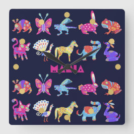 Relógio Quadrado Arte Folclórica Personalizada de Animais Mexicanos