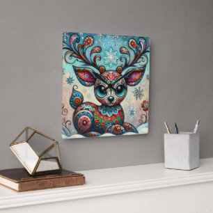 Relógio Quadrado Arte Foliar de Natal Whimsical Big Eyes