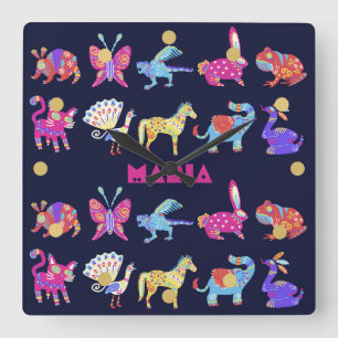 Relógio Quadrado Arte Folk Personalizada de Animais Mexicanos