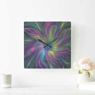 Relógio Quadrado Arte Fractal Abstrata Flor Fantasia Colorida Brilh