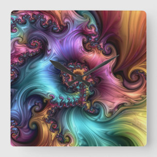 Relógio Quadrado Arte Fractal Abstrata Flor Fantasia Colorida Brilh