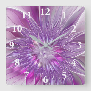 Relógio Quadrado Arte Fractal Abstrata Flor Paixão Roxo Rosa