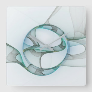 Relógio Quadrado Arte Fractal Azul Turquesa Cinza Elegância Abstrat