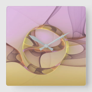 Relógio Quadrado Arte Fractal Dourada Rosa Moderna Abstrata