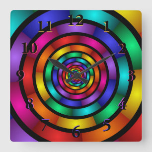 Relógio Quadrado Arte Fractal Moderna Redonda e Psicodélica Colori