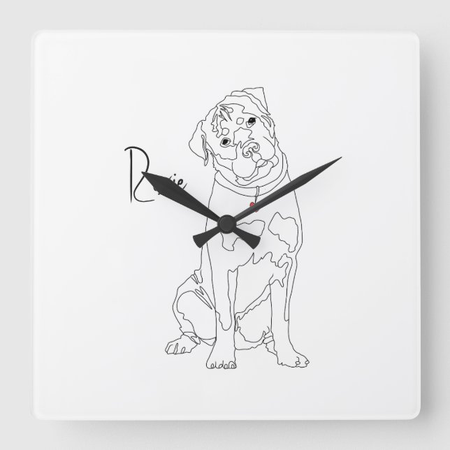 Relógio Quadrado Arte Linear de Rottweiler com Nome (Frente)