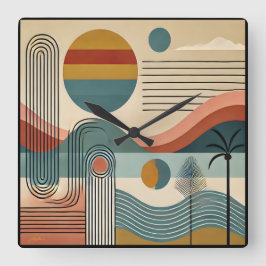 Relógio Quadrado Arte Moderna de Meados do Século Pôr do Sol na Pra