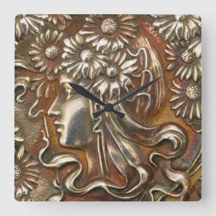 Relógio Quadrado Arte Nouveau Repousse de prata novo Acryllic