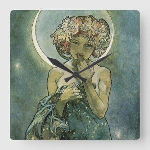 Relógio Quadrado Arte Nova Deslumbrante Mulher de Alphonse Mucha #1