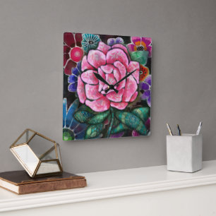 Relógio Quadrado Arte Novo Botânico Floral Caprichoso Rosa Cor-de-R