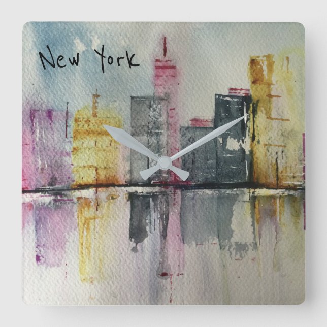 Relógio Quadrado Arte original de Nova Iorque NYC Skyline Cityscape (Frente)