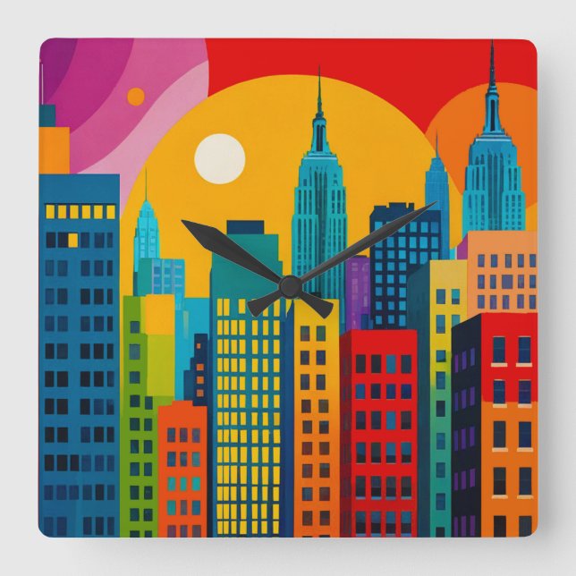 Relógio Quadrado Arte Pop de Nova York (Frente)