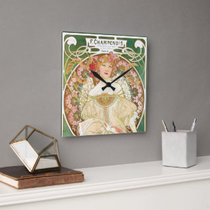 Relógio Quadrado Arte Vintage Art Nouveau, Champenois por Alphonse 