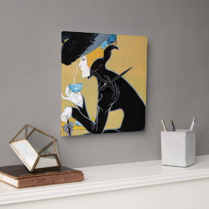 Relógio Quadrado Arte Vintage Art Nouveau, Senhora Bebendo Chá Marc