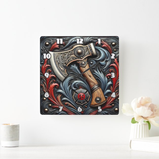 Relógio Quadrado Artesanato em exibição com o Ax de bombeiro (Lar)