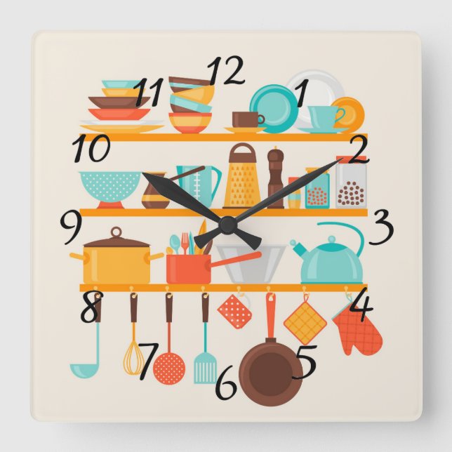 Relógio Quadrado Artigos animados da cozinha (Frente)