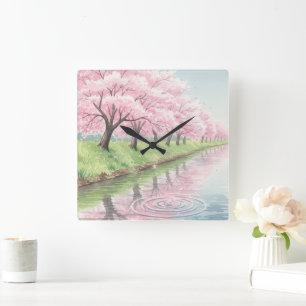 Relógio Quadrado Árvore de Cerejeira em Aquarela Rosa Pastel Pitore