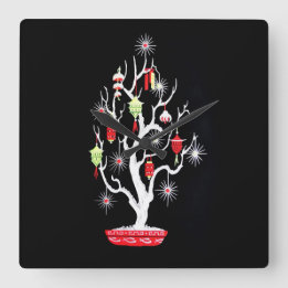 Relógio Quadrado Árvore de Natal Asiática do Meio século Vintage