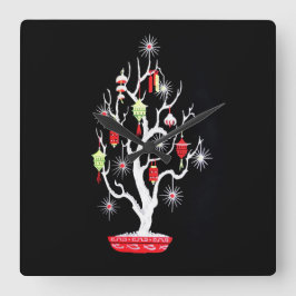 Relógio Quadrado Árvore de Natal Asiática do Meio século Vintage