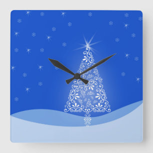 Relógio Quadrado Árvore de Natal Azul Branco Estrelas Luz Noturna