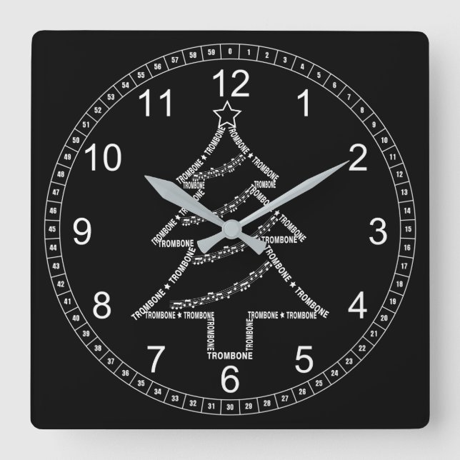 Relógio Quadrado Árvore de Natal de Texto Trombone (Frente)