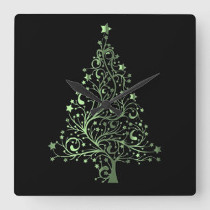 Relógio Quadrado Árvore de Natal Elegante de Estrelas Pretas Verde