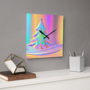 Relógio Quadrado Árvore de Natal Iridescente