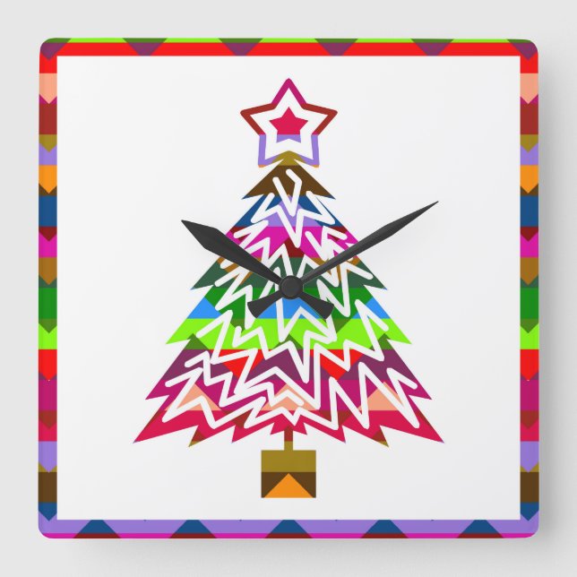 Relógio Quadrado Árvore de Natal Multicolor (Frente)