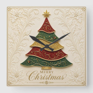 Relógio Quadrado Árvore de Natal Ornamentada a Ouro