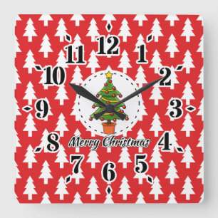 Relógio Quadrado Árvore de Natal sobre Pinheiros Vermelhos - Feliz