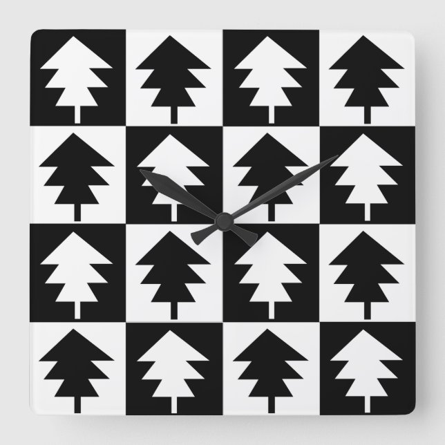 Relógio Quadrado Árvore de Natal Vintage Tendência Preto e Branco  (Frente)