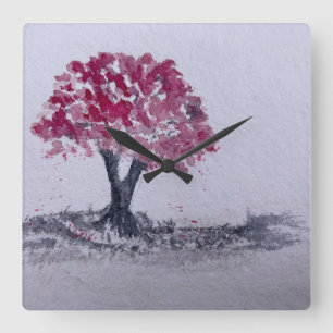 Relógio Quadrado Árvore Flor de Cerejeira Aquarela obra de arte ori