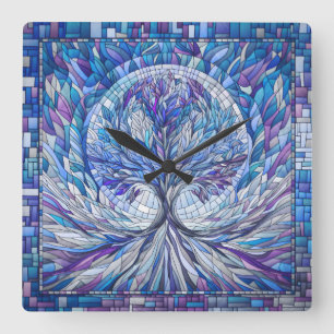 Relógio Quadrado Árvore Roxa da Tranquilidade Arte Mosaica