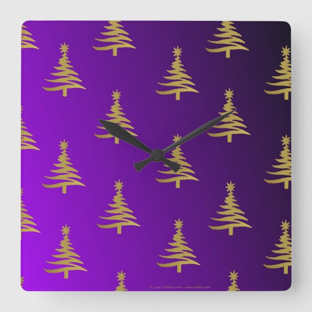 Relógio Quadrado Árvores de Natal Douradas em Roxo (Frente)