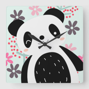 Relógio Quadrado Árvores, Flores e Ursos de Panda