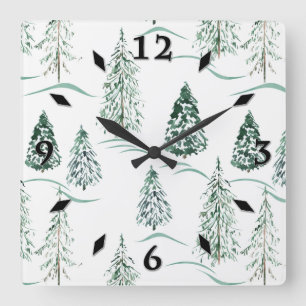 Relógio Quadrado Árvores natalinas de aquarela. Floresta de inverno
