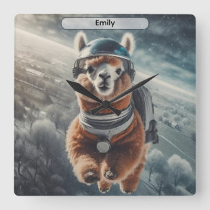 Relógio Quadrado Astronauta Alpaca no Espaço Animal Surrealista