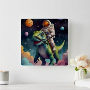 Relógio Quadrado Astronauta no Dino no Espaço