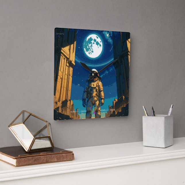 Relógio Quadrado Astronauta Sob a Porta Celestial (Escritório)