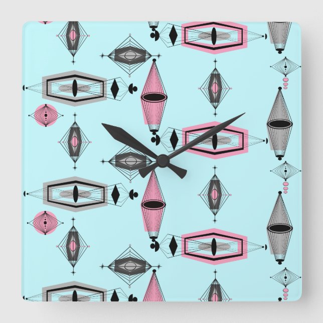 Relógio Quadrado Atomic Pink & Grey Pattern Acrylic Clock (Frente)