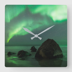 Relógio Quadrado Aurora Borealis   Lofoten Beach Norway