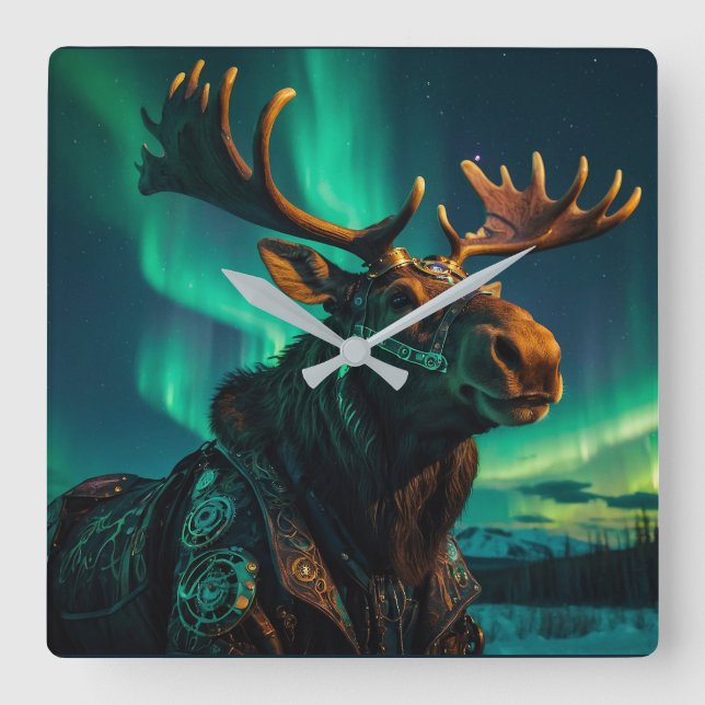 Relógio Quadrado Aurora de inverno e Arte Selvagem de Moose Steampu (Frente)